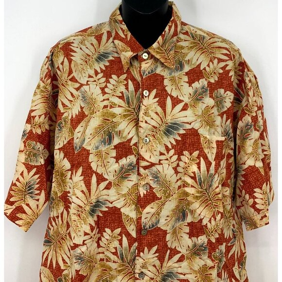 Tori Richard Men Hawaiian Shirt Size Large Tan Maroon Leaf Tropical Aloha Collar - Picture 2 of 8